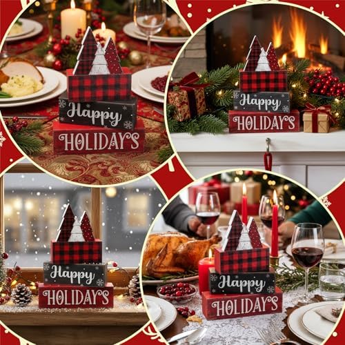Moucuny 4 Pcs Wooden Block Signs Buffalo Plaid Holiday Farmhouse Decor