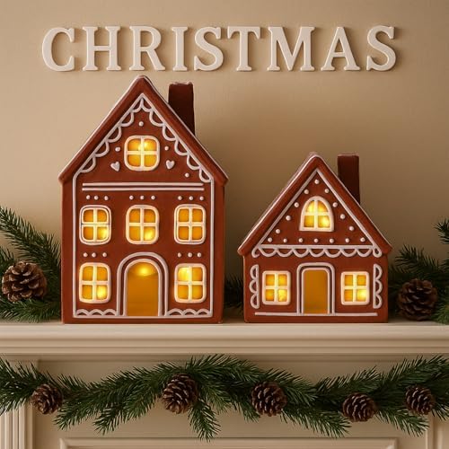 Funnymoom 2 Sets LED Ceramic Gingerbread Houses Christmas Tabletop Decor