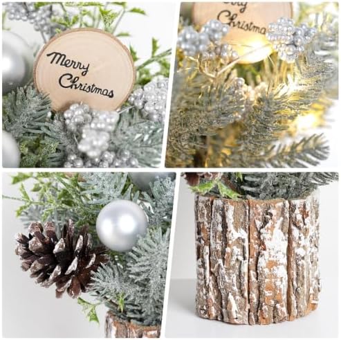 Small Table Top Christmas Tree with Lights, Mini Christmas Tree Decorations with Merry Christmas Pine Cones Berries Balls Ornaments for Home Party Office Centerpiece Indoor Decorations 12Inch, Silver