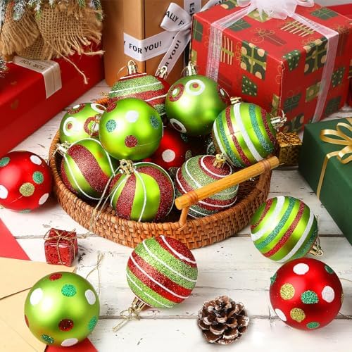 JULMELON 24Pcs Christmas Ornaments for Large Tree, Red and Green Decor