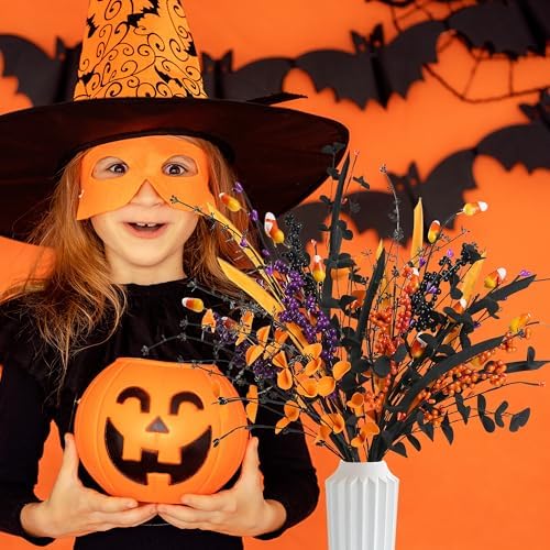 Sggvecsy 6 Pcs Artificial Halloween Stem with Berries Teeth Black Orange Leaves Faux Picks Decorative Twigs for Flower Arrangemant Table Centerpiece Halloween DIY Crafts Festival Home Decoration