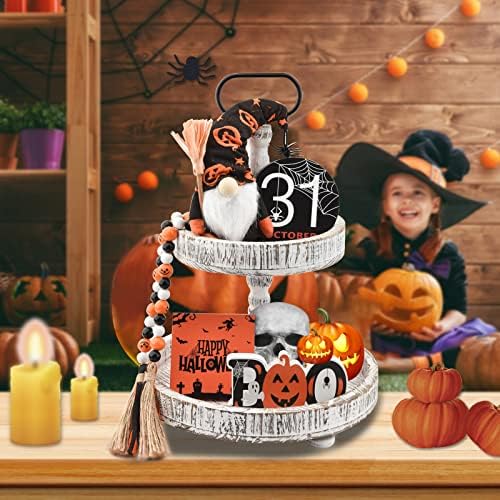 Halloween Tiered Tray Decor Indoor Decorations - Boo Wooden Sign Cute Gnomes Plush and Bead Garland - Farmhouse Rustic Tray Decor Set for Home Table Desk Room