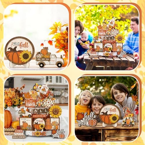 Maitys 21pcs Fall Tiered Tray Decor Set Hello Fall Thanksgiving Wood Sign Pumpkin Sunflower Gnome Farm Truck Wood Bead Garland Rustic Farmhouse Table Centerpieces for Autumn Harvest Home Kitchen Decor