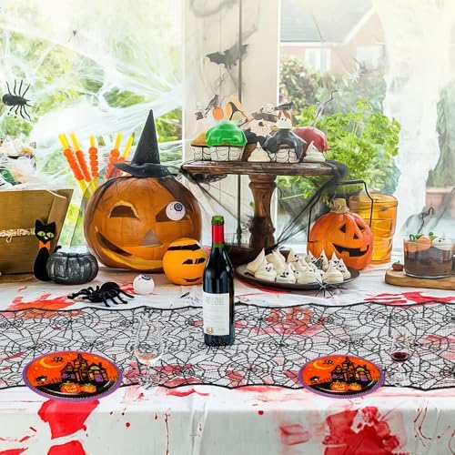 2pcs 14 x 48 Inch Halloween Table Runner Halloween Decorations Black Lace Spider Web Table Runner for Halloween Table Decor Spiderweb Table Runners Lace Runner for Tables Dinning Kitchen Dining Decor