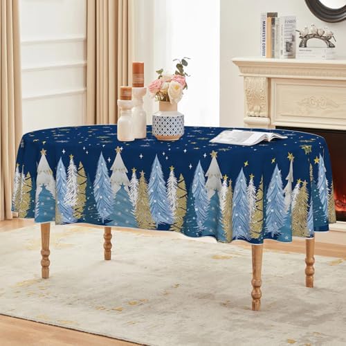 Horaldaily Christmas Tablecloth 60x84 Inch Oval, Christmas Trees Blue Grey Washable Seasonal Table Cover for Party Picnic Dinner Decor