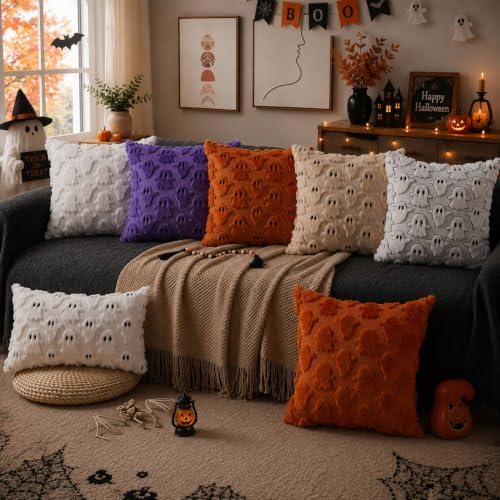 DFXSZ Halloween Pillow Covers 18x18 inch 2Pcs Beige Ghost Halloween Decor