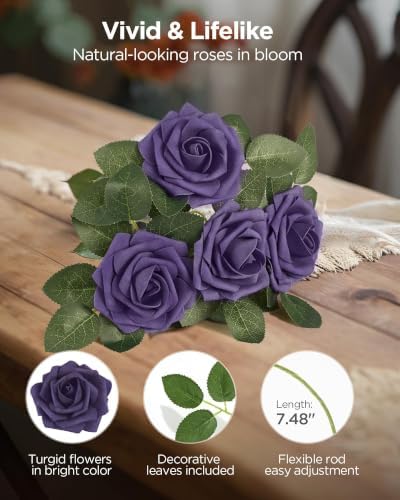 InnoGear Fake Roses 50 Pcs Dusty Purple Flowers Artificial Faux Foam Floral