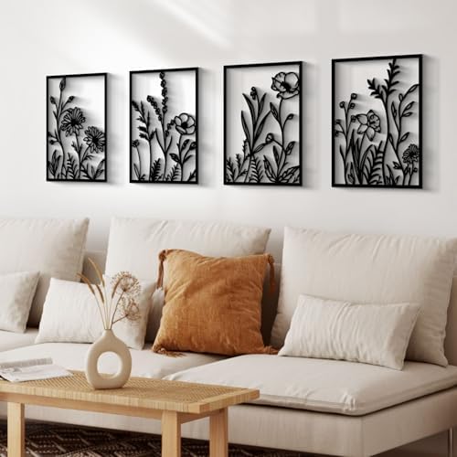 Glamativity Large 4 Pcs Colorful And Black Double-Sided Gold Leaf Metal Wall Art, 22.5 x 15.7'' Botanical Abstract Wall