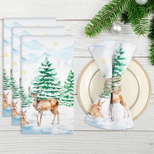 Winter Pine Tree Napkins, 18×18 Inch Woodland Deer Dinner Cloth Napkins Set of 4, Washable Cotton Soft Absorbent Square Napkins for Dining Kitchen Party Wedding Decoration