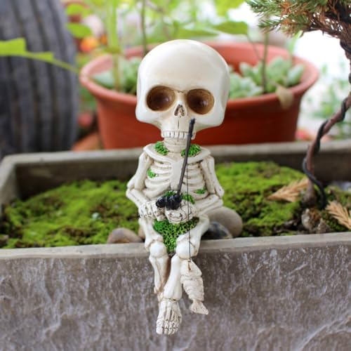 Fishing Skeleton Statue Halloween Decor, 4.5 Inch Skull Fisher Figurine