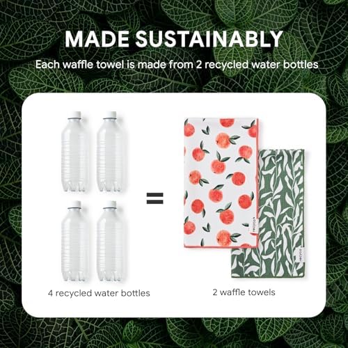 RECYCO Waffle Kitchen Towel Set of 2 - Quick Dry Microfiber Sustainable Dish Towels - Ultra Absorbent Reusable Cleaning Tea Towels - Lightweight Hand Towels,16”x 28”, Peachy Leaves