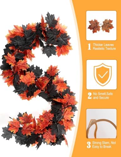 Joyhalo 5 Pack Fall Garland Black Leaves Garland for Autumn Halloween Decor