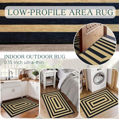 Front Door Mat Indoor Outside Entrance, 2x3 Black Tan Striped Rug