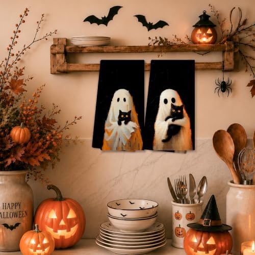 Halloween Ghost Black Cat Kitchen Towels, Halloween Hand Towels for Bathroom Decor, Whimsical Spooky Ghost Hugs Black Cat Dishcloths Dish Towel for Kitchen 16x24 Inches Set of 2