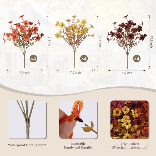 HyeFlora Artificial Fall Flowers Faux Mums, 3 Color Mixed, 12 Bundles