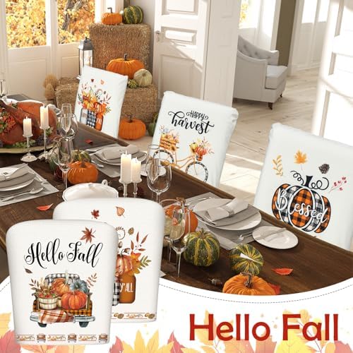 Moukeren Fall Chair Back Cover Set of 6 Thanksgiving Pumpkin Slipcovers Stretch Dining Chair Back Covers Farmhouse Removable Elastic Seat Protector for Home Thanksgiving Harvest Party Kitchen Decor