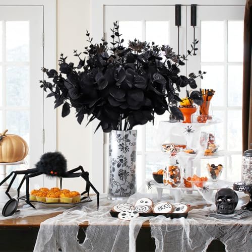 DIYDEC 18Pcs Black Artificial Flowers 2 Styles Black Eucalyptus Stems Decor