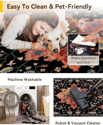 RELEANY Washable Area Rug, 6'x9', Black/Colorful