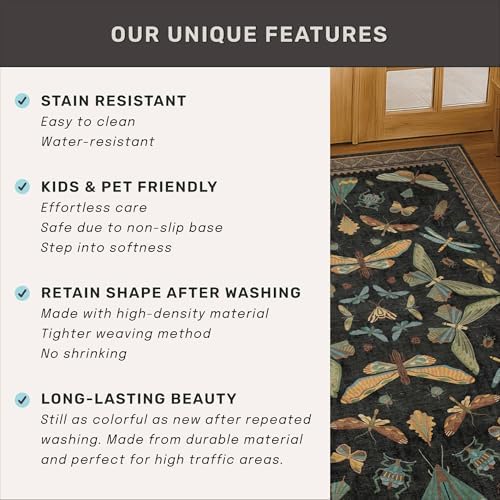 Black Boho 4ft Round Small Rugs for Entryway Non Slip - Washable Insect & Floral Rug for Living Room, Kitchen, Low Pile