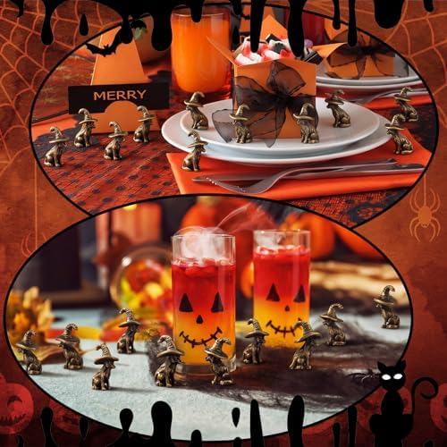 Civaner 50 Pcs Halloween Mini Brass Figurine Miniature, Witch Cat