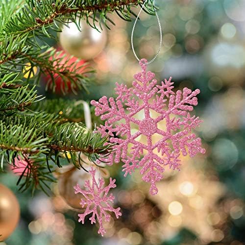 Whaline 40Pcs Pink Glitter Snowflake Winter Snowflake Ornaments Christmas Hanging Decorations with 197 Inches Silver Rope for Wedding Birthday Home Xmas Tree Window Door Accessories