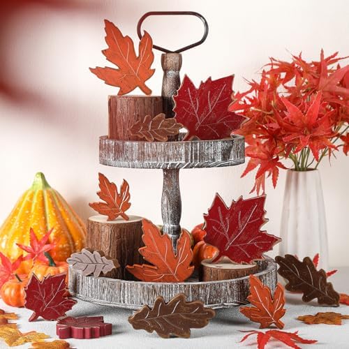 Bencailor 12 Pcs Fall Tiered Tray Decor Wooden Maple Leaf Decor Fall Table Decoration Retro Autumn Wooden Sign Thanksgiving Centerpiece for Home Desk Office Party Decoration