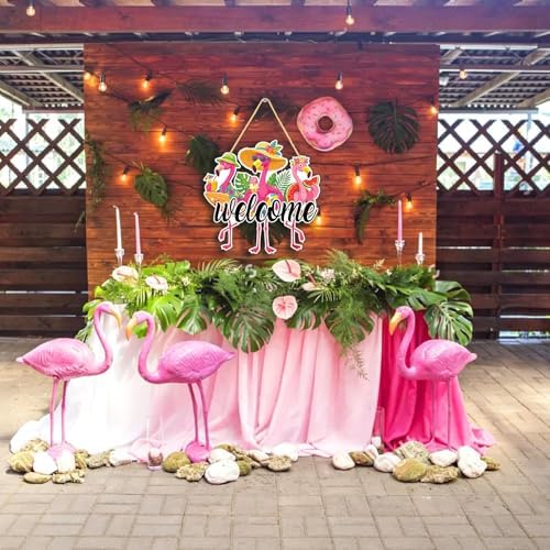 Flamingo Welcome Door Sign 12'' Summer Tropical Wooden Decor Hawaiian Flamingo Wall Art Hanging Sign Pink Flamingos Front Door Wreath for Farmhouse Home Wall Holiday Summer Decor, Housewarming Gift