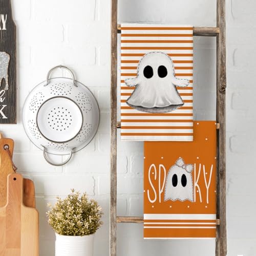 Artoid Mode Orange Ghost Halloween Kitchen Towels Set of 4 18x26 Inch