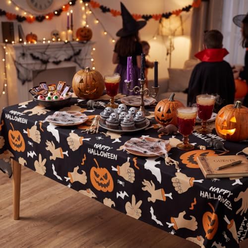 6 Pack Halloween Tablecloth, 54" x 108"Disposable Plastic Table Cloths Cute Pumpkin Ghost Hand Halloween Table Covers for Home Decor Halloween Party Decorations