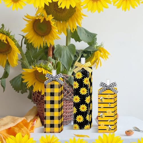 Redbaker 3 Pcs Sunflower Bee Table Decor, Wood Sunflower Tiered Tray Decor