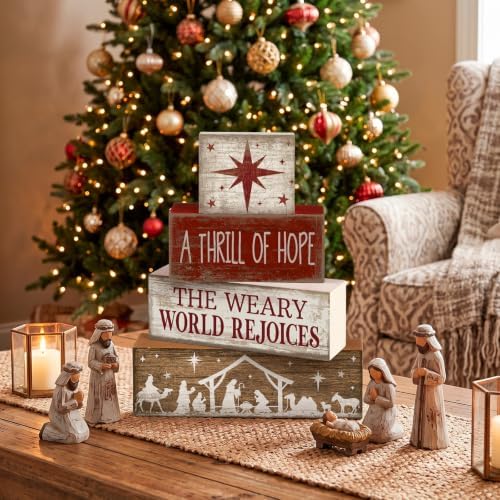 Lineshading 4 Pcs Christmas Table Decorations, Nativity Wooden Block Signs
