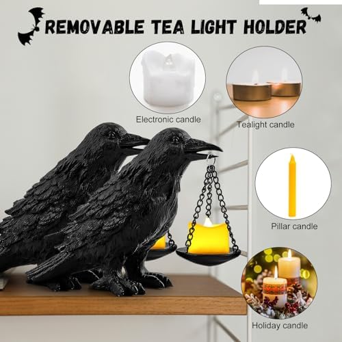 Gothic Crow Lamp with Tealight Candle Holder Resin Raven Decor Statue Gothic Home Decor for Bedroom Unique Goth Gifts Black 2PCS