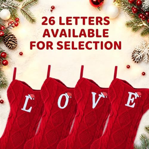 Christmas Stockings with Initials, Letter K Pet Cat Dog Name Bone Shape Knitted Xmas Stockings, Christmas Party Fireplace Family Hanging Stocking Decorations(1 Pack, Red)