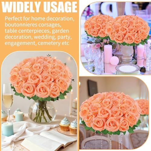 36 Pcs Peach Pink Artificial Roses with Long Stems