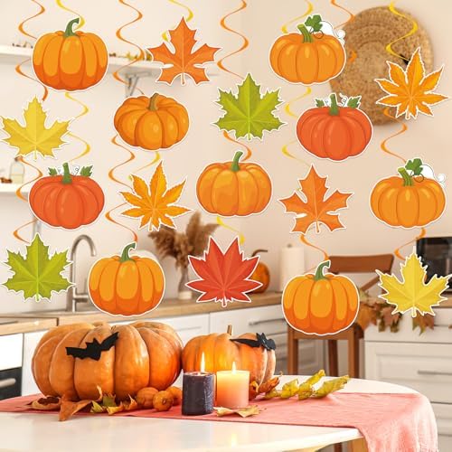 40Pcs Fall Pumpkin Maple Leaf Hanging Swirl Decorations, Autumn Thanksgiving Party Ceiling Hanging Swirls Fall Hanging Swirls Streamers for Autumn Thanksgiving Harvest Party Decor Supplies