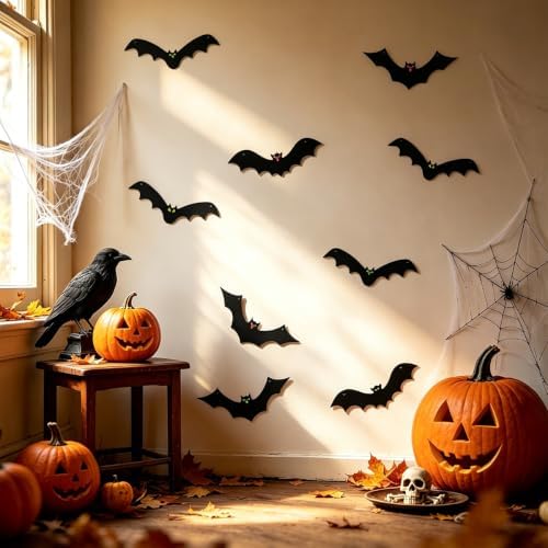 JoFAN 12 Pack Halloween Hanging Bats 3D Realistic Spooky Black Flying Bat for Halloween Decorations Outdoor Indoor Yard Lawn Halloween Party Supplies