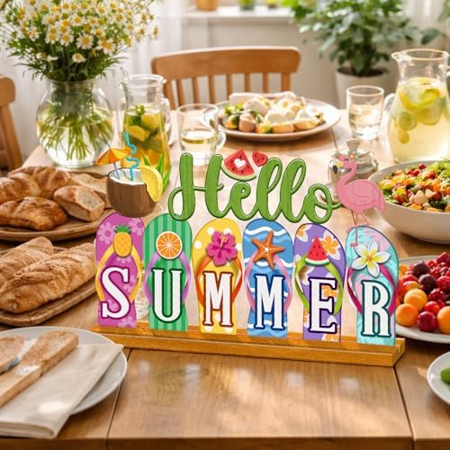 Cinnvoice Hello Summer Table Sign, Flip Flops Fruits Decorations for Home