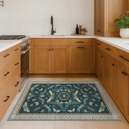 Teal 3x6 Entryway Rug, Washable Low Pile Door Rug for Kitchen & Living Room, Indoor Insect Décor Carpet