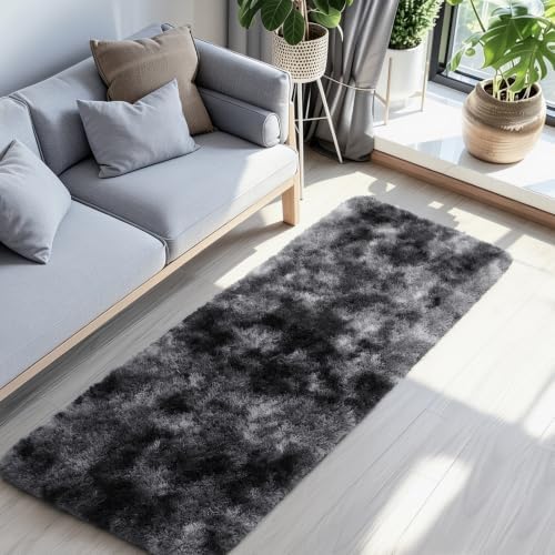 Ophanie Tie-Dyed Black & Grey Area Rugs 2x6 for Bedroom Living Room, Fluffy Shag Fuzzy Carpet, Plush Shaggy Rug, Indoor
