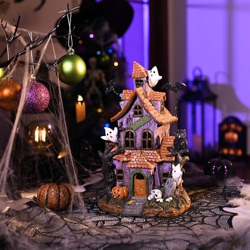 Valery Madelyn Halloween Decorations, Lighted Halloween Village Houses with LED Lights, Resin Spooky Town Happy Haunted House for Home and Party Table Desk Mantel, 9 Inch