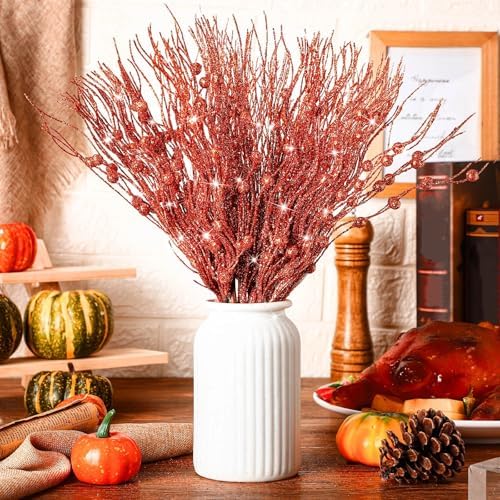 Giegxin 16 Pack 17 Inch Fall Berry Picks Glitter Orange Berry Stems