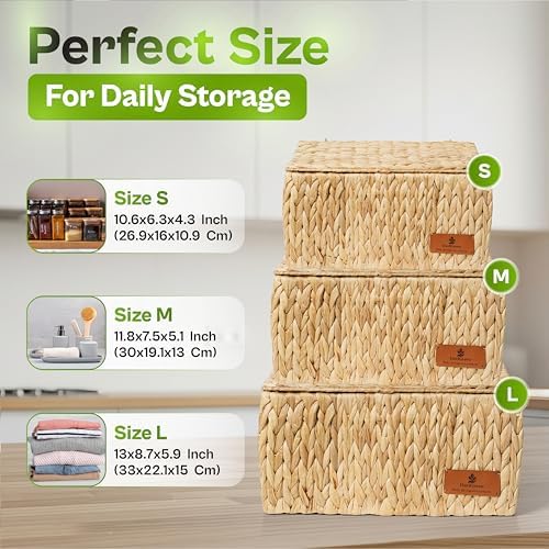 Wicker Baskets / Water Hyacinth Storage Basket / Storage Baskets with Lids / Set of 3