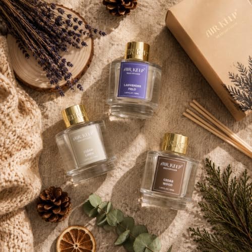 Airkeep Reed Diffuser Set of 3,Clean Linen Lavender Field Cedar Wood Oil Reed Diffusers for Bedroom Living Room Office