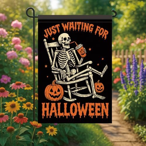 Halloween Garden Flag Skeleton Pumpkin Flag Just Waiting for Halloween 12x18 Inch Double Sided Outdoor Yard Banner for Trick or Treat Haunted House Spooky Decoration Decor