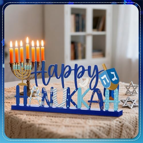 Cinnvoice Happy Hanukkah Table Decoration Farmhouse Chanukah Table Sign Centerpiece Signs Metal Letter Star of David Hanukkah Tiered Tray Decorations for Holiday Kitchen Home Party Supplies