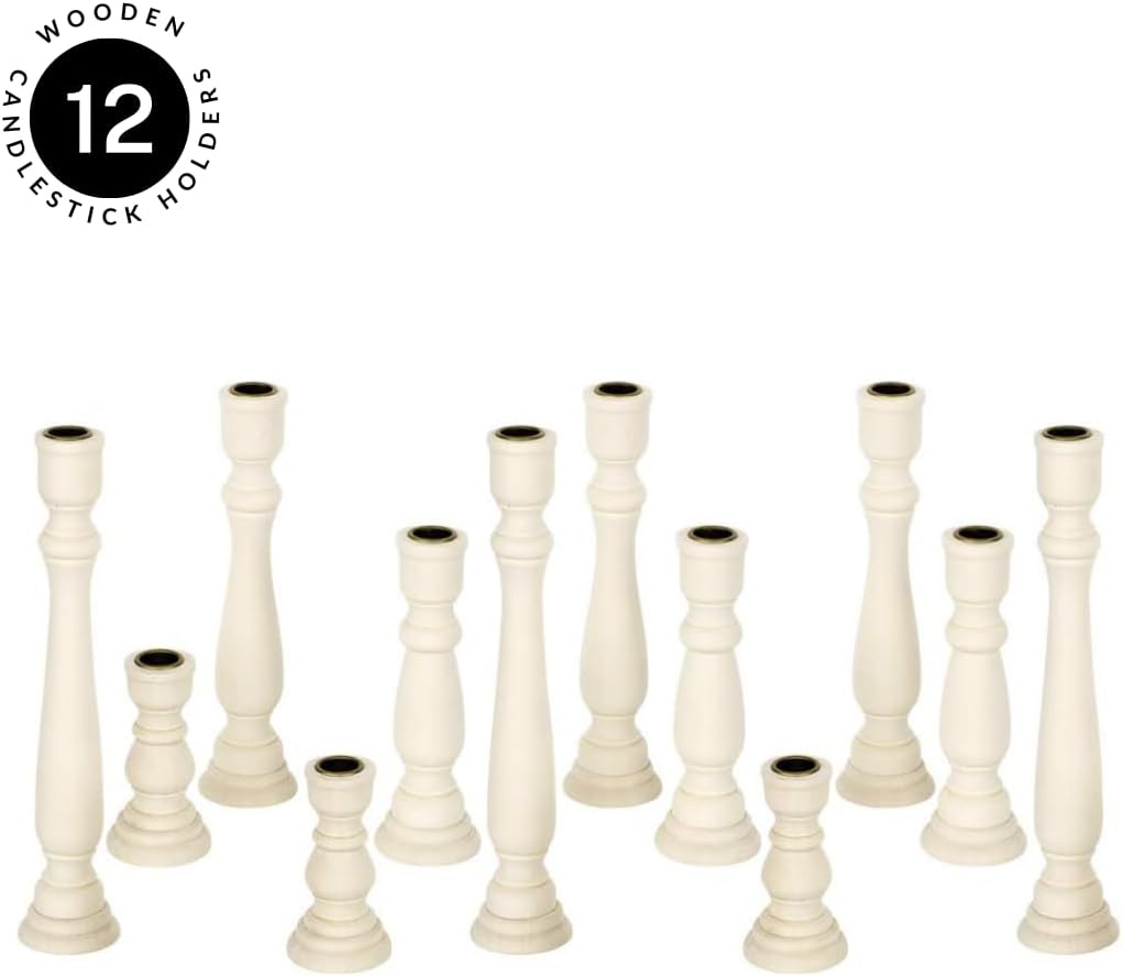 Koyal Wholesale White Candlestick Holders & White Taper Candle Holder Set of 12, Unfinished Wood & Boho Candle Holders