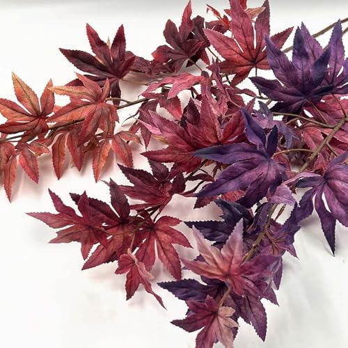 Daily Treasures 3Pcs Artificial Maple Leaves Branches,32.6'' Silk Autumn Fake Fall Leaves Stems Plants,Faux Maple Leaf Bushes Shrubs for Fireplace Halloween Decorations(Autumn Red/Dark Red/Purple)