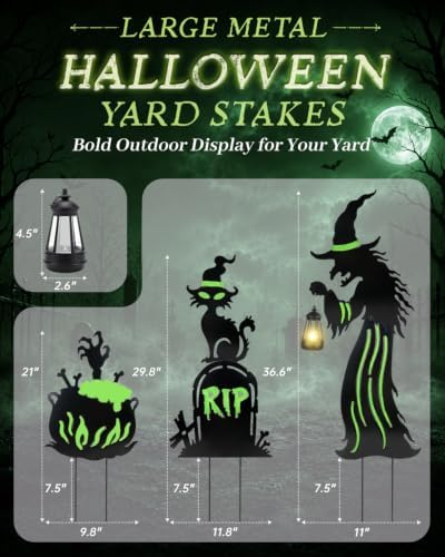 Halloween Decorations Outdoor - 3 Pack Metal Witch Yard Stakes with Solar Lantern, Glow in The Dark Tombstone, Black Cat & Cauldron for Garden Yard Lawn Porch Decor