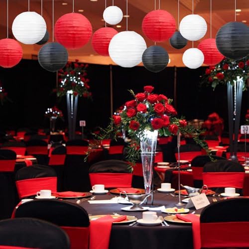 18Pcs Red Black White Paper Lanterns for Parties, 6” 8” 10” 12” Chinese Asian Hanging Round Paper Lanterns for Birthday Wedding Halloween Christmas Home Decor Party Decor