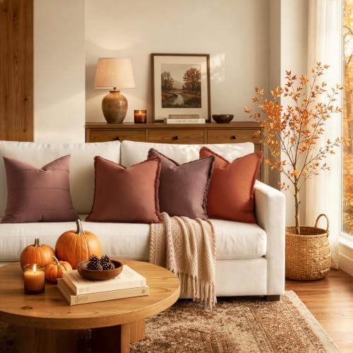MIULEE Linen Fringe Decorative Fall Throw Pillow Covers Burnt Orange 18x18